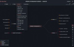 Export menu: Markdown, OPML, XMindMark, JSON, HTML, PNG, SVG, PDF on every tier
