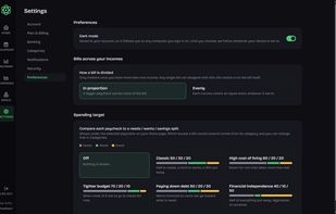 Preferences: dark mode, how a bill divides across incomes, and the spending target.