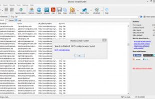 The main program interface is presented as a search field and search log with extracted results.