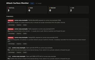 A scan of a verified demo domain: exposed PostgreSQL, MySQL and Redis flagged as critical, each with its fix attached.