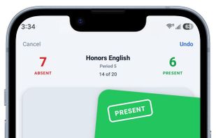 Taking attendance: swipe right for present, left for absent.