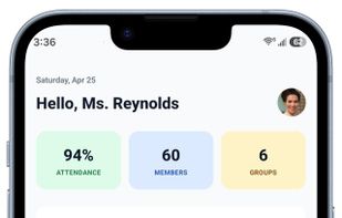 Home screen with groups, attendance rates, and recent sessions.