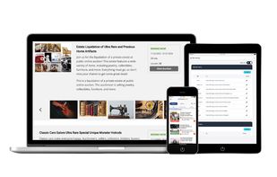 Auctioneers manage live listings and site navigation on any device — desktop shows full lot detail and live bidding status, mobile surfaces active auctions in real time, and the tablet admin panel lets operators customize site menus without touching code. One platform, every screen.