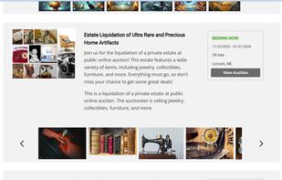 Bidders browse live auctions — estate liquidations, classic cars, collectibles — with lot counts, dates, and locations visible at a glance. Each listing links directly to bidding, so buyers move from discovery to competing bids in one click.