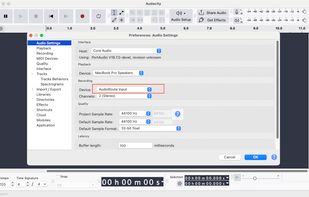 Audacity preferences showing "AudioRoute Input" available as a recording device — works as a standard audio input in any macOS app.     