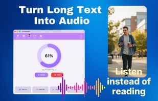 Interface showing conversion of long-form text into portable audio files.