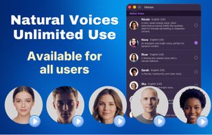 Voice selection menu featuring a wide variety of natural AI voices available for unlimited offline use.