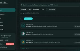 Authier web vault showing stored credentials in the encrypted vault interface.