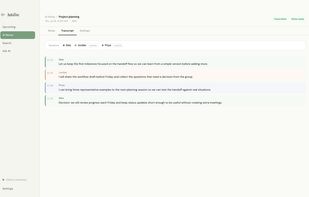 Review speaker-labelled meeting transcripts created on-device.