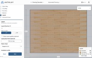 The layout step: pattern, direction and start point, with every plank drawn (66 full, 24 cut, 10 reused off-cuts)