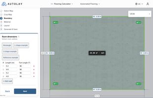 Quick start: a 5.2 x 4.0 m room typed in, with live wall measurements