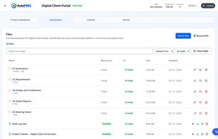 Project documents organized in folders, with AI-ready files including the project charter and RAID log.