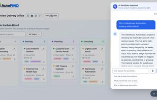 Portfolio Kanban with 10 projects across delivery stages and the AI Portfolio Assistant explaining project health.