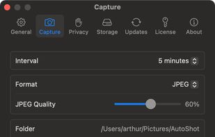 Capture settings: how often, PNG or JPEG, and where the screenshots go.