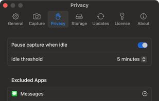 Excluded apps never appear in a screenshot, and capture can pause while you're away.
