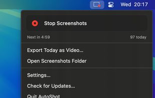 AutoShot in the menu bar: the countdown to the next screenshot and how many it has taken today.