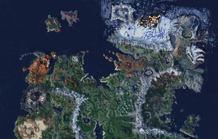Minecraft map Drehmal v2.2 APOTHEOSIS imported and rendered in Avoyd,
top-down view of the main part of the map with biomes.