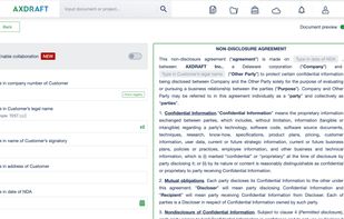 AXDRAFT integrates data from public registers and your internal databases directly into your document in seconds.
On top of that data is automatically transferred into all transaction documents: NDA, sales agreement and order form - all completed in one click.
With AXDRAFT you will have fewer manual inputs and more accurate, up-to-date data.