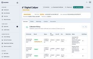Every instrument carries its calibration history, certificates, and a tamper-evident audit trail.