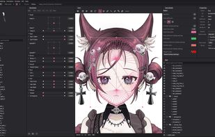 The Modeling workspace: a face mesh under a warp deformer, parameter folders with 2D pads, the deformer tree and the parts list.
Credit: Model art by マパ*MAPA (pixiv 99163365), used with permission.