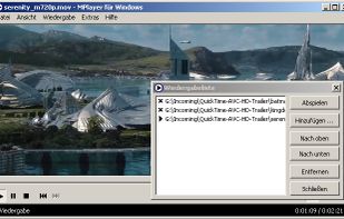 MPUI (in German language) playing back a 720p H.264 movie trailer. In the foreground, there's the playlist window.