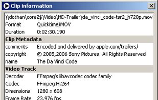 The clip information window, showing the properties of one of Apple's excellent HD Movie Trailers.