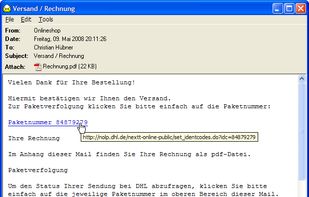 The Message Window displaying the safe content of an HTML-formatted e-mail (including the link targets via tooltip):