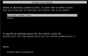 The boot screen which lets you choose between Windows and Ubuntu.