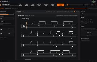 Editable five-line drum notation with kit-piece, timing, velocity, and articulation review.