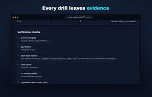 The drill report: every check, with evidence