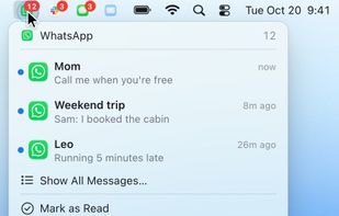 Right-click an app's menu bar icon to see its latest messages and mark them as read.