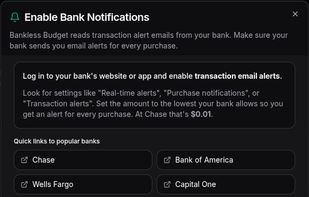 Setup: turn on your bank's purchase alerts, with direct links to the settings at major banks.