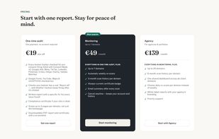 Pricing — one-time audit, monitoring, and agency plans