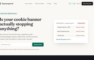 Homepage — free scan showing trackers firing before consent