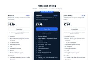 Plans and pricing, starting at $2.99 per month with a free domain for the first year.