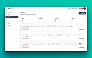Track corrective actions auto-generated from failed audit items. See status at a glance - open, in progress, overdue - with severity levels and due dates.