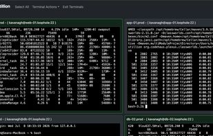 Multiple terminals broadcasting the same command to three hosts at once