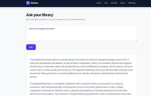 Ask your library a question in plain language and get an answer built only from your saved pages, with a citation to the exact source.