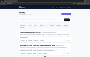 Your library: every saved page archived in full, auto-summarized and auto-tagged. Filter by tag or search in plain language.