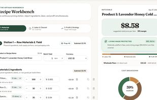 The Recipe Workbench: a live, step-by-step pricing station showing materials cost, suggested retail price, margin, and cost breakdown for a single product.