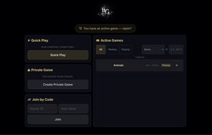 Game lobby with Quick Play, Private Game, and active games list