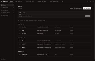 Saved hosts grouped by folder, with SSH, SFTP, Docker and editor tabs open