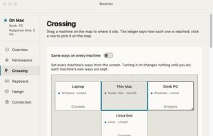 Beamer on macOS: arrange computers and choose the edges and corners used for crossing.