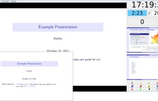 The small window in this image is the presentation window that is usually shown on a projector. In this configuration previews of the next slides are shown to the speaker.