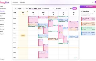Weekly calendar view for managing salon appointments with staff scheduling, drag-and-drop booking creation, and a service panel for quick appointment management.