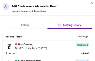Customer profile with complete appointment history, service records, notes, booking status, and spending history to help deliver personalized service.