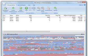 Start page of O&O Defrag 11. You will find all settings and functions in the Ribbon bar. You can select the drives to be defragmented from the list of drives. The Block View displays the level of defragmentation of the chosen drive.