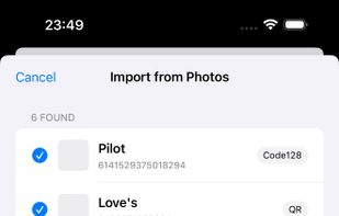 Import a whole batch of cards from screenshots when you switch from another app. Beleep reads the barcodes on the device and you check the list before anything is saved.