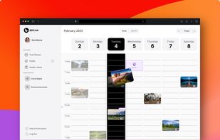 This screenshot shows the Beplan weekly calendar where creators organize and schedule their social posts. Each post appears as a visual card that can be dragged to any time slot, with quick access to drafts, the media library, and connected accounts on the left. It highlights how simple and visual content planning is inside Beplan.