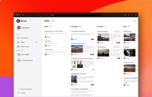 This screenshot shows the Beplan draft board, where creators manage their entire content pipeline. Ideas, works in progress, posts under review, and completed drafts are organized in a simple board layout. Each card shows the post preview, platforms, and status, giving creators a clear view of what is coming next and what is ready to schedule.